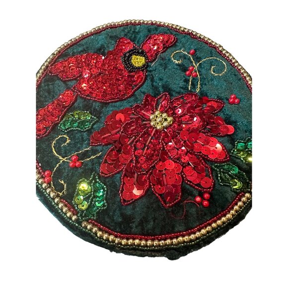 VTG poinsettia Velvet Embroidered Christmas Box Sequin Beads holiday table decor - Picture 1 of 12